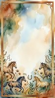 Watercolor horses frame with ornate golden border and floral elements for invitations, greeting cards, and decorative designs with copy space.