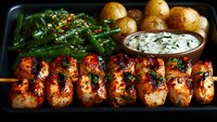 Grilled chicken skewers with honey glaze served with roasted baby potatoes, sauteed green beans, and creamy herb dipping sauce on black platter.