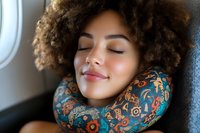 Young African American woman with natural curly hair sleeping peacefully on floral neck pillow during flight, eyes closed with gentle smile showing comfort and relaxation.