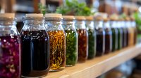 Glass jars filled with colorful herbs, spices, and tinctures arranged on wooden shelf, natural medicine and herbal remedies in apothecary style storage.