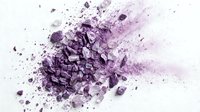 Crushed purple eyeshadow powder with scattered particles and dust dispersing across white background, suitable for cosmetics, beauty product photography, makeup tutorials, and fashion editorial use.