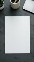 Blank white paper sheet on dark desk with laptop and plant pot for business mockup and branding presentation templates.