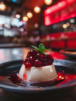 Creamy panna cotta dessert topped with fresh cranberry sauce and mint leaf, served on dark plate with atmospheric restaurant lighting and bokeh background.