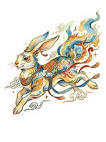 Ornate rabbit with flowing decorative patterns in warm orange, blue, and gold tones, isolated on transparent background. Ready for t-shirt design, stickers, sublimation, print-on-demand products, and digital crafts.