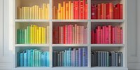 Books arranged by color in rainbow spectrum on white built-in bookshelf, creating organized gradient display from yellow through red, turquoise, and blue tones.
