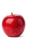 Fresh red apple with water droplets isolated on white background for healthy eating and nutrition concepts.