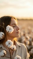 Young woman with closed eyes holding cotton plant branch in golden sunset light on agricultural field for natural skincare and organic farming concepts.