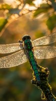 Green dragonfly with translucent wings perched on branch in golden sunlight with bokeh background for nature and wildlife photography projects.