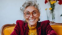 Cheerful senior Caucasian woman with curly gray hair and glasses smiling warmly in burgundy jacket and yellow turtleneck sitting in vintage armchair.