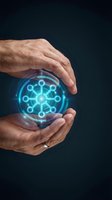 Senior hands protecting glowing digital network sphere with connected nodes representing cybersecurity, data protection and technology innovation concepts.