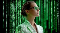Young woman in reflective sunglasses against digital matrix background with green binary code. Futuristic cybersecurity and technology concept for business presentations.