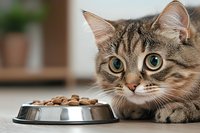 Hungry tabby cat with bright green eyes lying near metal bowl filled with dry food. Close up portrait of domestic pet waiting for meal time.