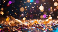 Colorful confetti and golden ribbons scattered on reflective surface with blurred bokeh lights creating festive party atmosphere. Celebration background.