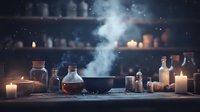 Mystical alchemy workspace with steaming potion, glass bottles, and glowing candles on wooden table in dark apothecary setting.