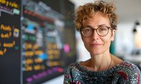 Confident female professional with curly blonde hair and glasses smiling in modern office environment with task board background, wearing patterned sweater.