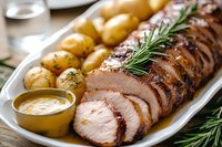 Sliced roasted pork tenderloin served with baby potatoes and mustard sauce on white platter, garnished with fresh rosemary sprigs, close-up view of juicy meat.