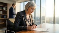 Senior businesswoman signing contract documents in modern office with male colleague in background for corporate meetings and legal agreements.