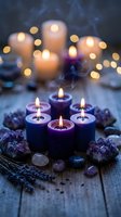 Purple candles burning with amethyst crystals and healing stones on wooden surface creating mystical atmosphere for meditation and spiritual wellness practices.
