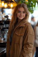 Young Caucasian woman with long blonde hair wearing brown utility jacket smiles warmly in coffee shop setting with espresso machine and ambient lighting in background.