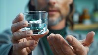 Caucasian man with beard holding glass of water or spirit drink in dimmed turquoise lighting, close up view of hands and glass in focus, blurred face background.