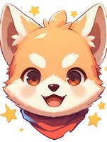 Cute cartoon fox character with big amber eyes, orange fur, and red bandana surrounded by yellow stars for children's book or game design.