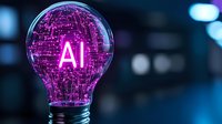 Glowing purple light bulb with AI text and circuit pattern inside on dark background, representing artificial intelligence and innovation in technology.