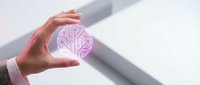 Hands protecting glowing purple brain icon symbolizing mental health care, neurology, psychology, and cognitive wellness in modern healthcare concept.