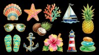 Tropical beach summer vacation elements collection isolated on transparent background, ready for t-shirt design, clipart, stickers, sublimation and print-on-demand products.