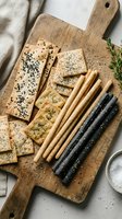 Assorted crackers and breadsticks with black and white sesame seeds arranged on wooden cutting board with fresh rosemary and linen napkin for entertaining and appetizer presentation.