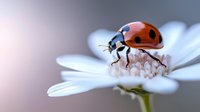 Red ladybug with black spots walking on white daisy petals in spring garden, macro photography with soft bokeh background and delicate natural lighting.