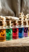 Colorful essential oils and natural extracts in glass bottles with cork stoppers arranged on rustic wood surface for aromatherapy, wellness and spa applications.