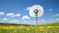 Lone dandelion seed head against blue sky and green meadow with yellow wildflowers. Soft white fluffy seeds ready to blow in wind on spring day. Nature macro photography.