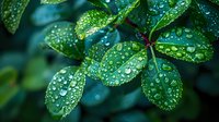 Fresh green leaves covered with morning dew drops in macro photography. Natural background perfect for environmental and wellness designs, showcasing purity and freshness.