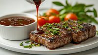 Grilled beef steaks with herb seasoning and red wine sauce being poured, served with fresh tomatoes and greens on white plate for gourmet dining experience.