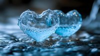 Frozen heart-shaped ice formation with delicate crystalline texture and blue reflections on water surface, creating romantic winter macro photography.