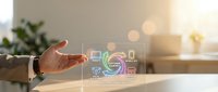 Businessman hand touching digital holographic interface with colorful analytics charts and data visualization icons on modern office desk with blurred background.