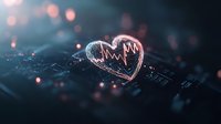 Glowing heart shape with pulse line on dark digital background with bokeh lights and binary code. Medical technology concept for cardiology and healthcare.