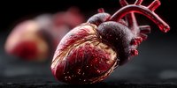 Realistic human heart with detailed anatomical structure and blood vessels on dark background for medical education and healthcare presentations.