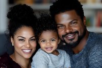 Happy African American family portrait with mother, father and young child smiling at camera. Natural lighting highlights genuine expressions and warm connection.