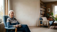 Senior woman with white hair and fair complexion sitting in blue armchair by window in cozy living room with bookshelves and natural light for home lifestyle and aging concepts.
