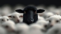Black sheep stands out among white flock, close-up portrait with selective focus on dark face and amber eyes against blurred background, concept of individuality.
