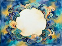 Watercolor swirl frame with ornate decorative border on colorful blue and gold background. Circular design element for invitations and artistic projects.