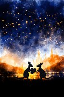 Silhouettes of two kangaroos holding heart shape against magical starry night sky and glowing orange sunset landscape, romantic wildlife scene with sparkles and clouds.