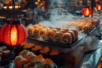 Fresh sushi rolls and caviar served on dark table with dramatic red lantern lighting and steam creating atmospheric Asian restaurant ambiance.