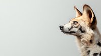 Mixed breed dog with alert expression and pointed ears in profile view against neutral gray background, showcasing natural canine beauty.