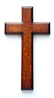 Wooden cross with rich brown mahogany finish isolated on white background, featuring detailed wood grain texture and beveled edges. Religious symbol for faith designs.