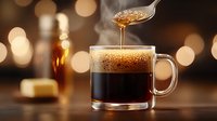 Hot honey drizzling into glass mug filled with fresh dark coffee, creating aromatic steam against blurred warm bokeh background, cozy morning atmosphere.
