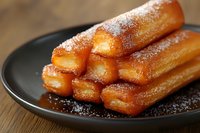 Freshly baked churros dusted with powdered sugar served on dark plate. Close up view of crispy Spanish pastry dessert with golden brown surface.
