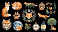 Watercolor fox clipart set isolated on transparent background, featuring cute foxes, paw prints, moon, compass, lantern, and forest elements for stickers, t-shirts, and print on demand.