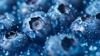 Fresh ripe blueberries covered in water drops and morning dew on dark background, extreme macro shot showing detailed texture and natural patterns.
